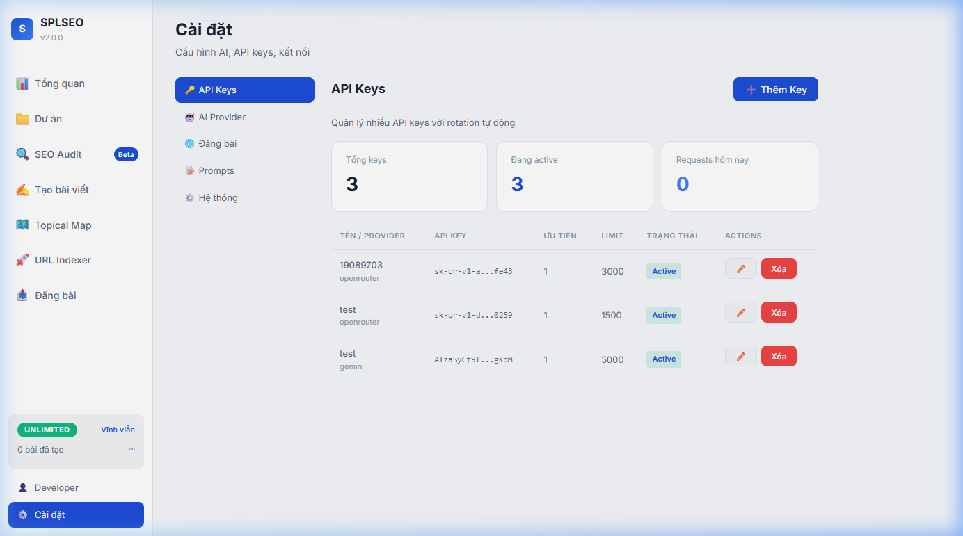 SPLSEO Settings — quản lý API Keys